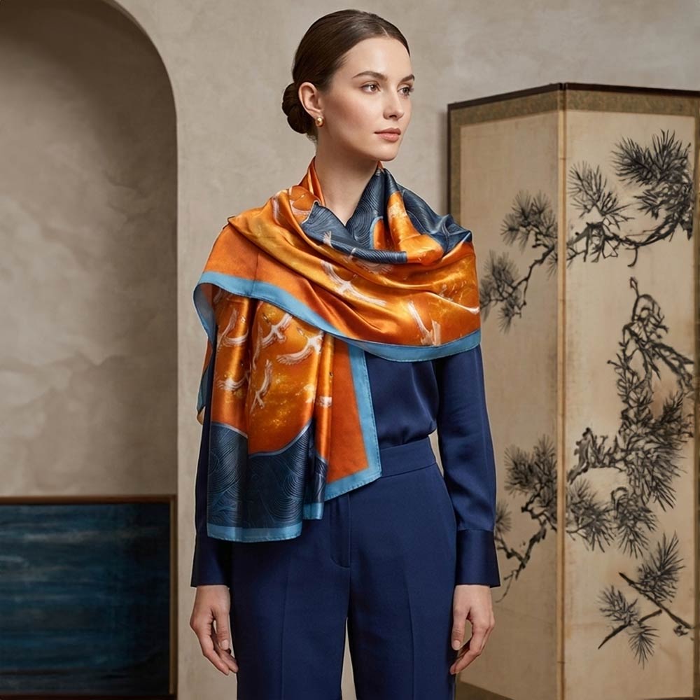 Madeline Love Orange Silk Feel Crane Print Versatile Wrap Scarf - Scarves & Wraps