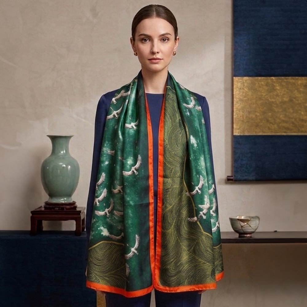Madeline Love Green Silk Feel Crane Print Versatile Wrap Scarf - Scarves & Wraps