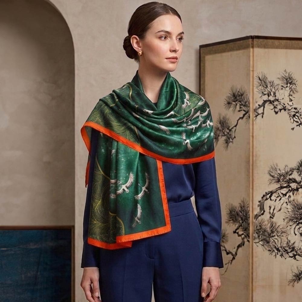Madeline Love Green Silk Feel Crane Print Versatile Wrap Scarf - Scarves & Wraps - desc