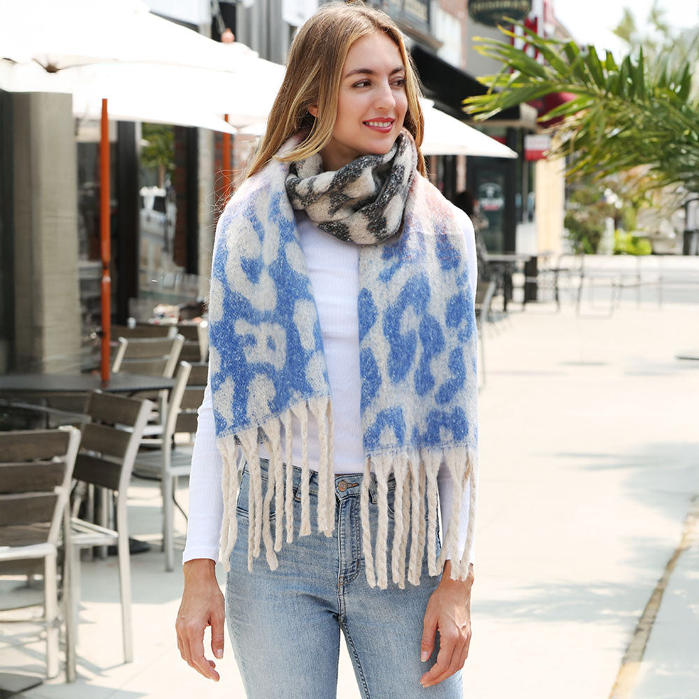 Madeline Love Pink Leopard Print Oversized Fringe Chunky Oblong Scarf - Jewelry