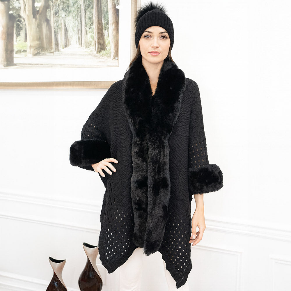 Black Faux Fur Trim Open Knit Cape Poncho