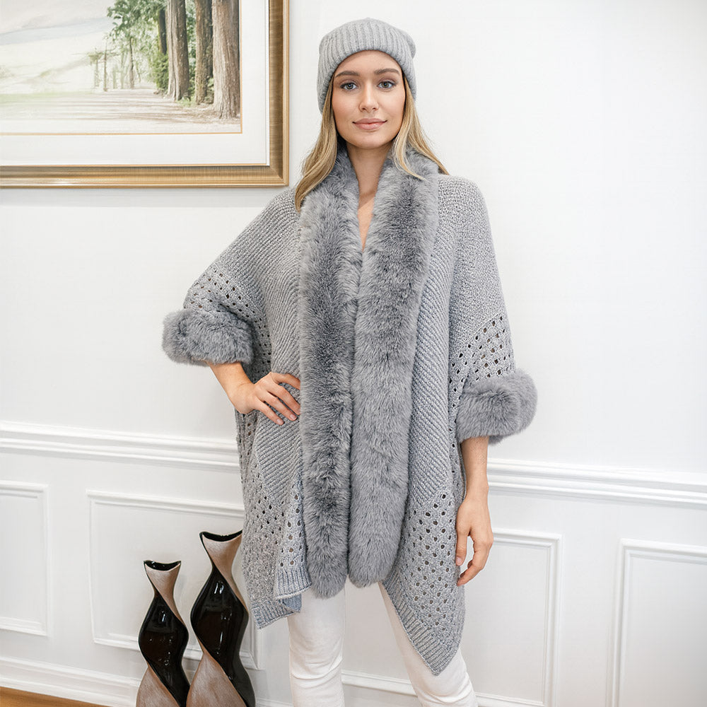 Gray, Light Faux Fur Trim Open Knit Cape Poncho