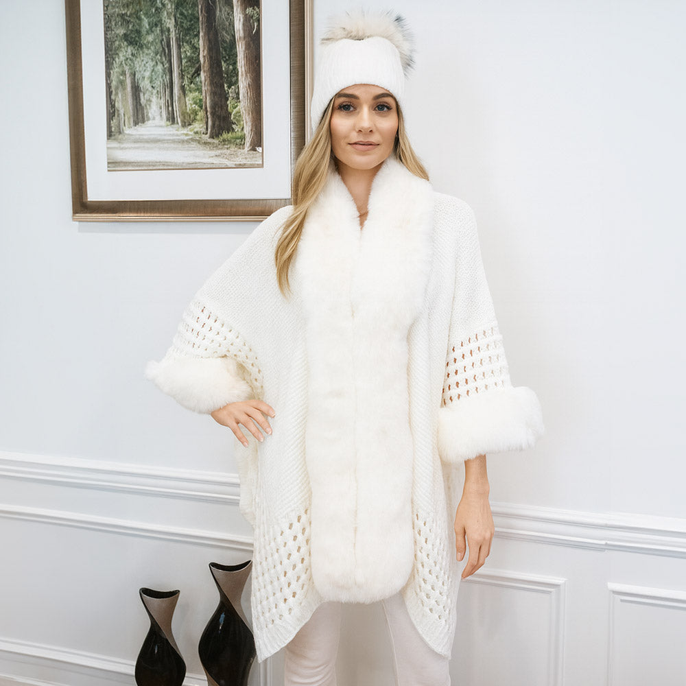 Wine Faux Fur Trim Open Knit Cape Poncho