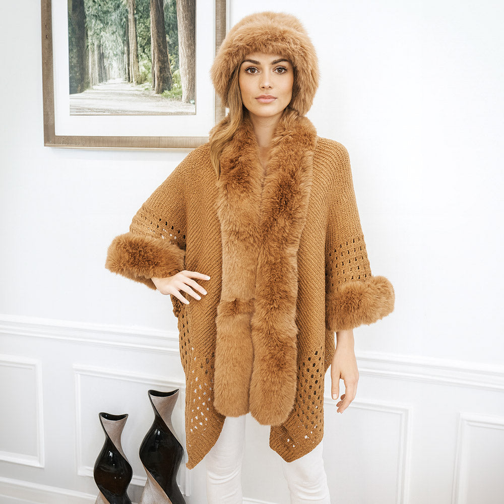 Brown, Light Faux Fur Trim Open Knit Cape Poncho