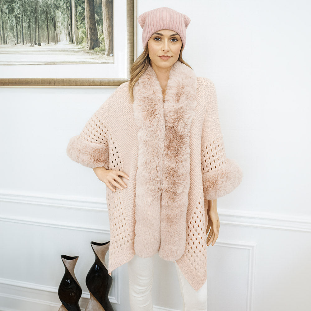 Pink Faux Fur Trim Open Knit Cape Poncho