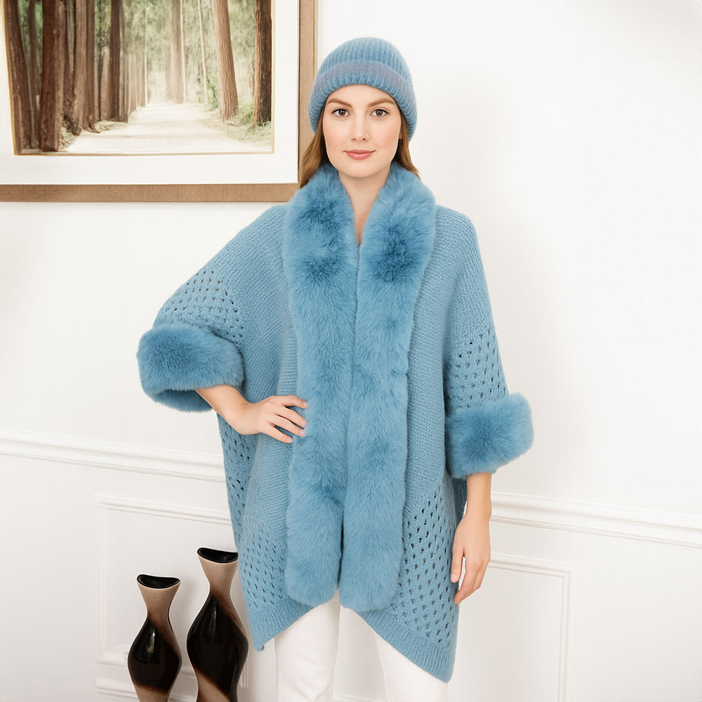 Blue Faux Fur Trim Open Knit Cape Poncho