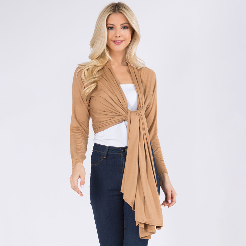 Madeline Love Tan Asymmetrical Open Front Solid Cardigan - Jewelry