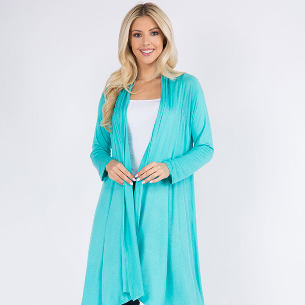 Madeline Love Turquoise Asymmetrical Open Front Solid Cardigan - Jewelry