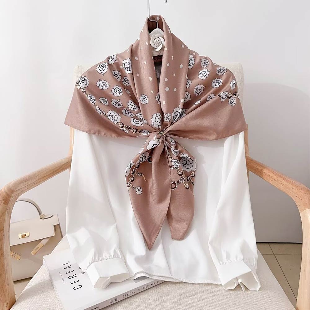 Madeline Love Taupe, White Silk Feel Rose Print Square Scarf - Scarves & Wraps
