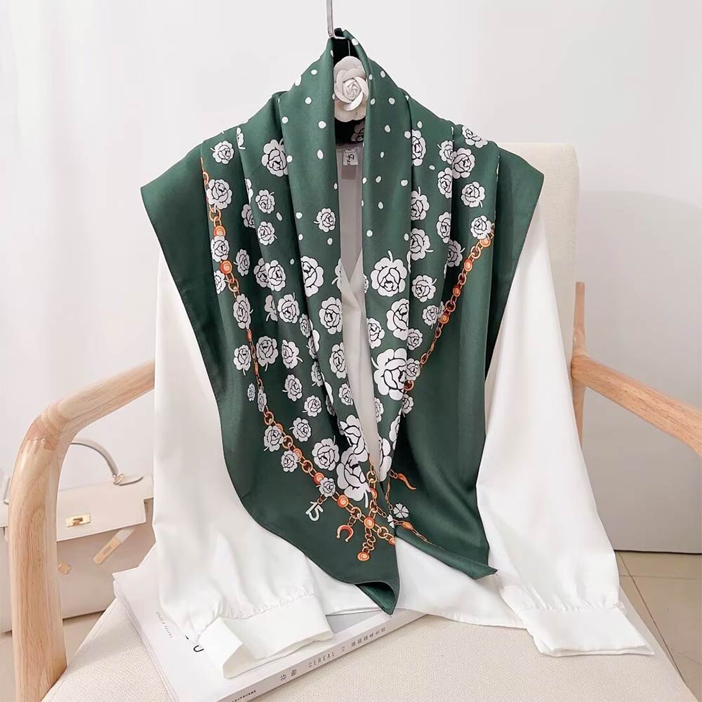 Madeline Love Green, White Silk Feel Rose Print Square Scarf - Scarves & Wraps