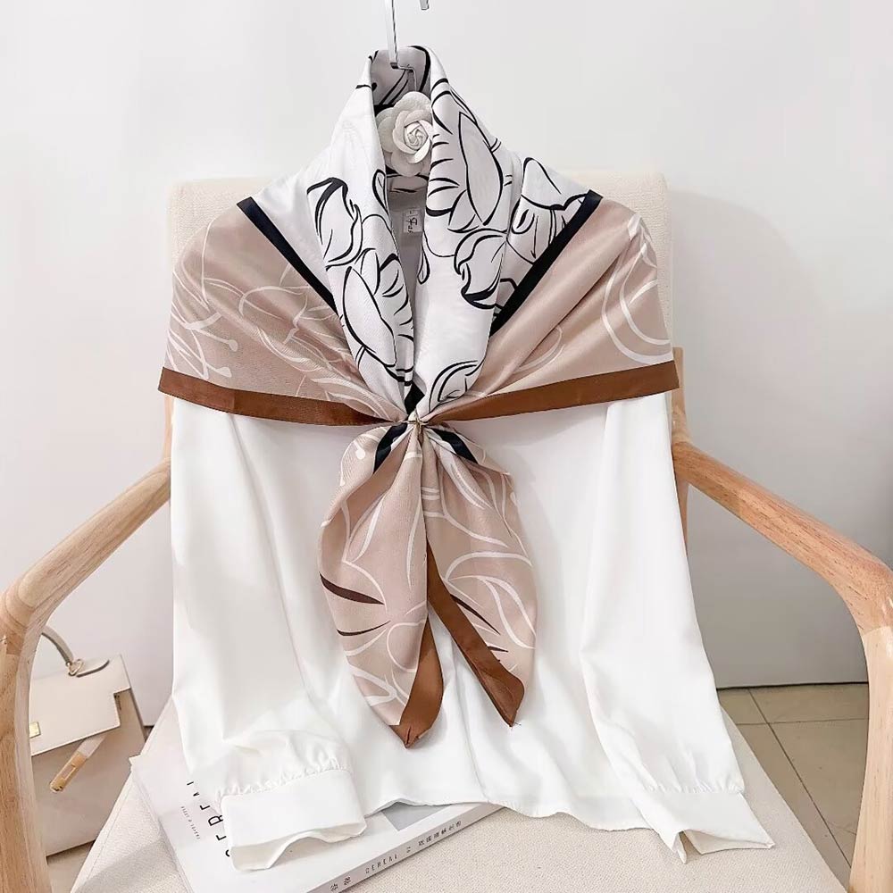 Madeline Love Beige, Brown Silk Feel Floral Pattern Print Square Scarf - Scarves & Wraps
