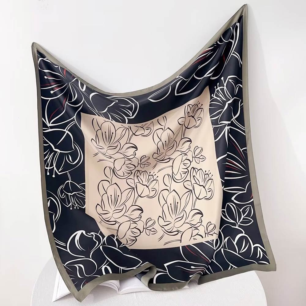 Madeline Love Beige, Black Silk Feel Floral Pattern Print Square Scarf - Scarves & Wraps
