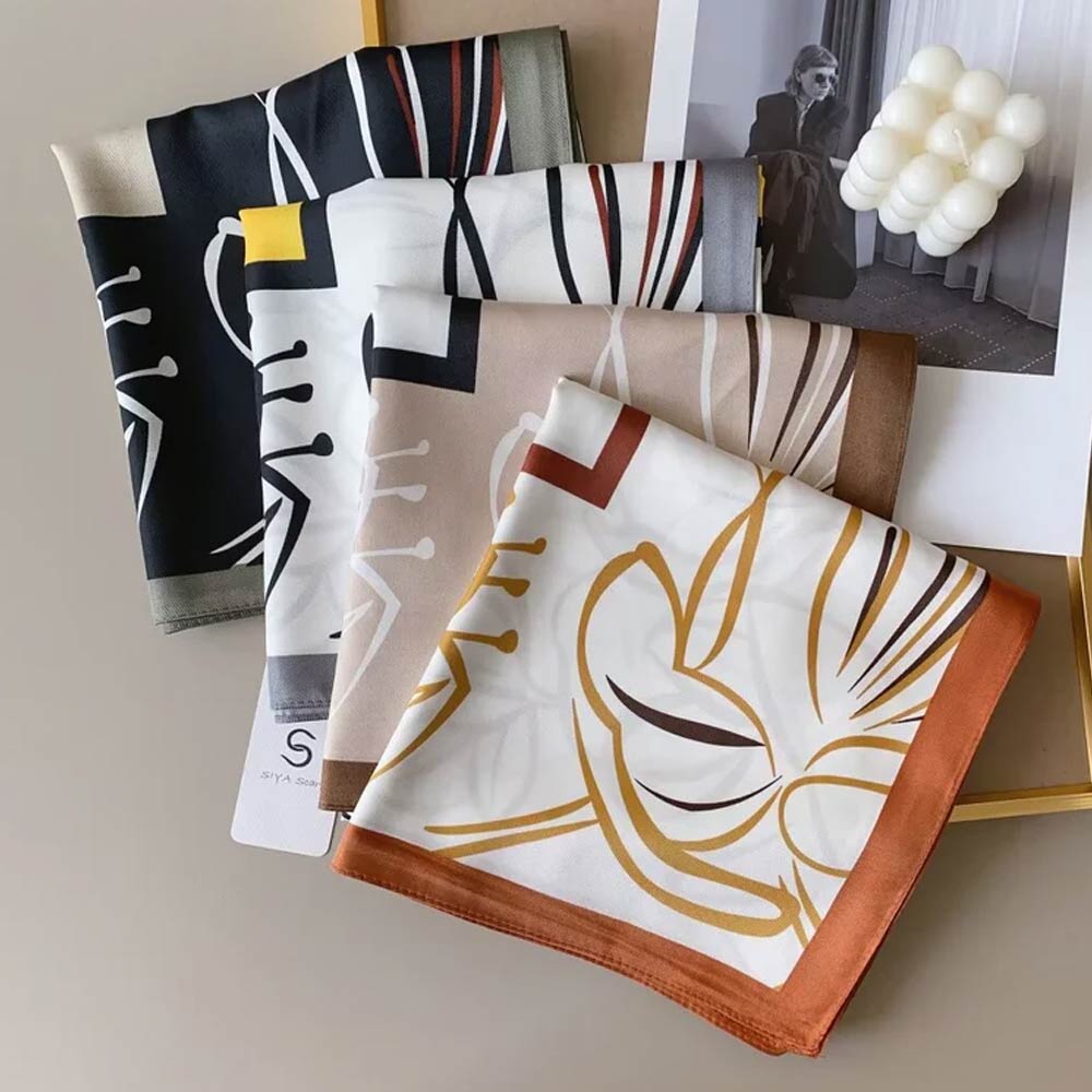 Madeline Love Beige, Black Silk Feel Floral Pattern Print Square Scarf - Scarves & Wraps - desc