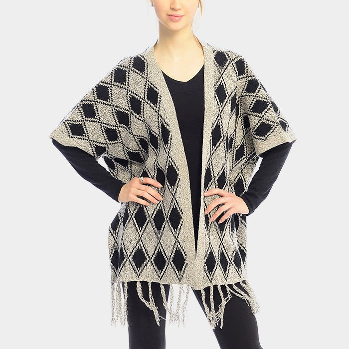 Madeline Love Beige, Black DIAMOND PATTERN FRINGE TRIM PONCHO SHAWL - Jewelry