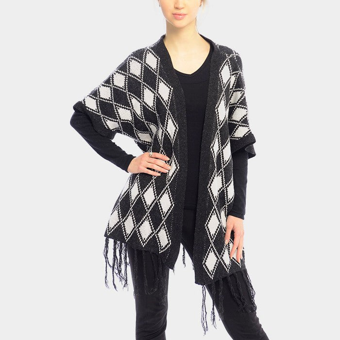 Madeline Love White, Black DIAMOND PATTERN FRINGE TRIM PONCHO SHAWL - Jewelry