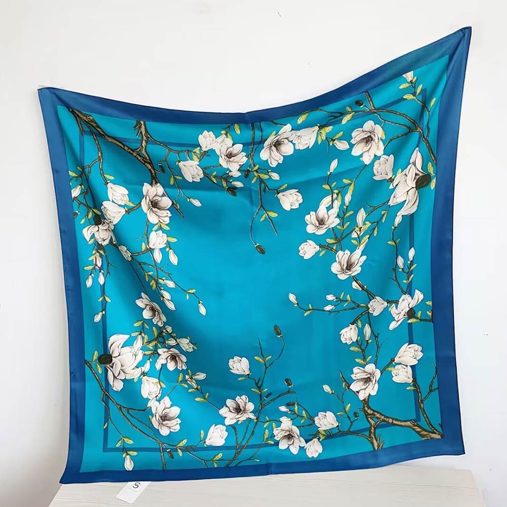 Madeline Love Turquoise Silk Feel Magnolia Floral Print Square Scarf - Scarves & Wraps