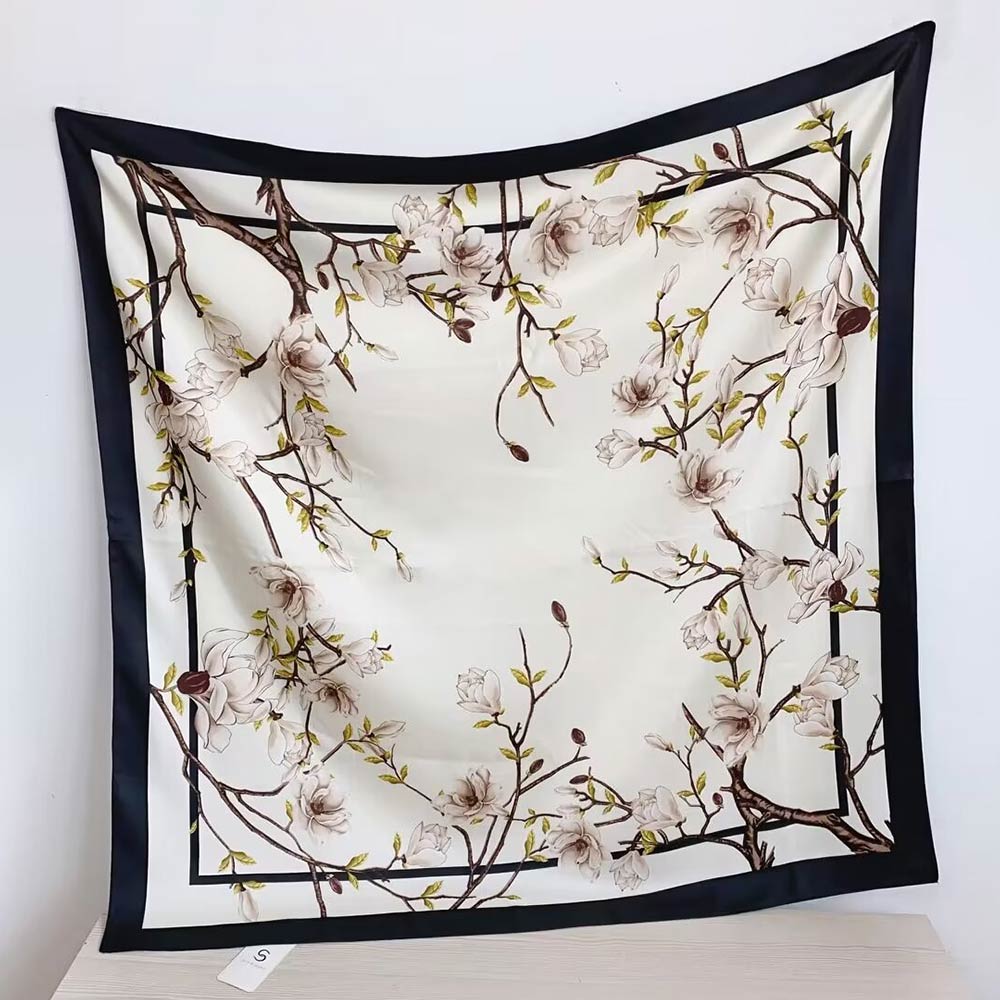 Madeline Love White Silk Feel Magnolia Floral Print Square Scarf - Scarves & Wraps