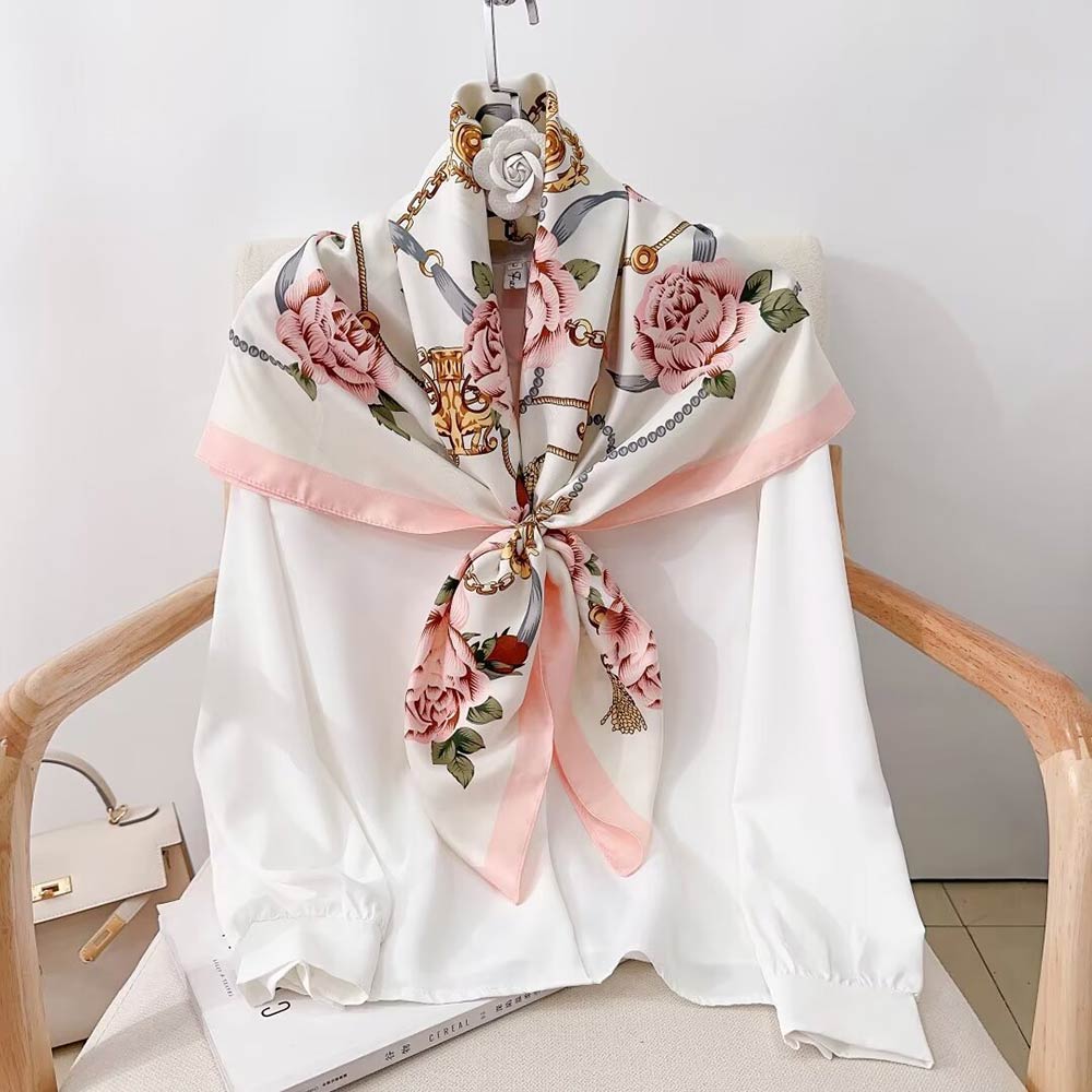 Madeline Love Pink, White Silk Feel Baroque Rose Chain Print Square Scarf - Scarves & Wraps