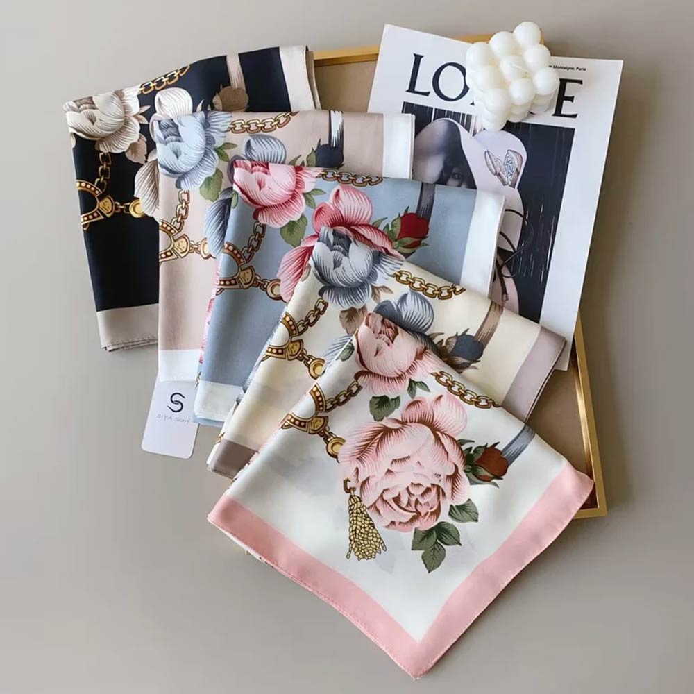 Madeline Love Pink, White Silk Feel Baroque Rose Chain Print Square Scarf - Scarves & Wraps - desc