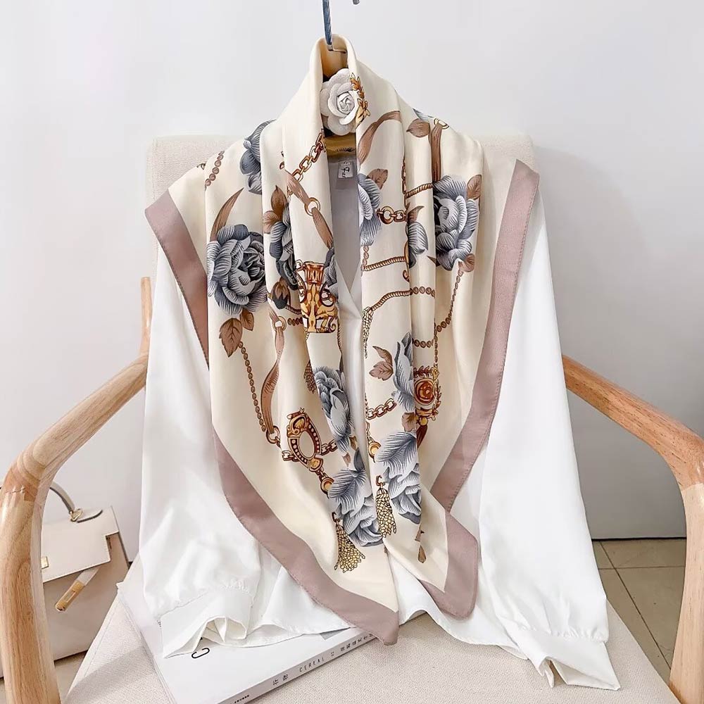 Madeline Love Gray, White Silk Feel Baroque Rose Chain Print Square Scarf - Scarves & Wraps
