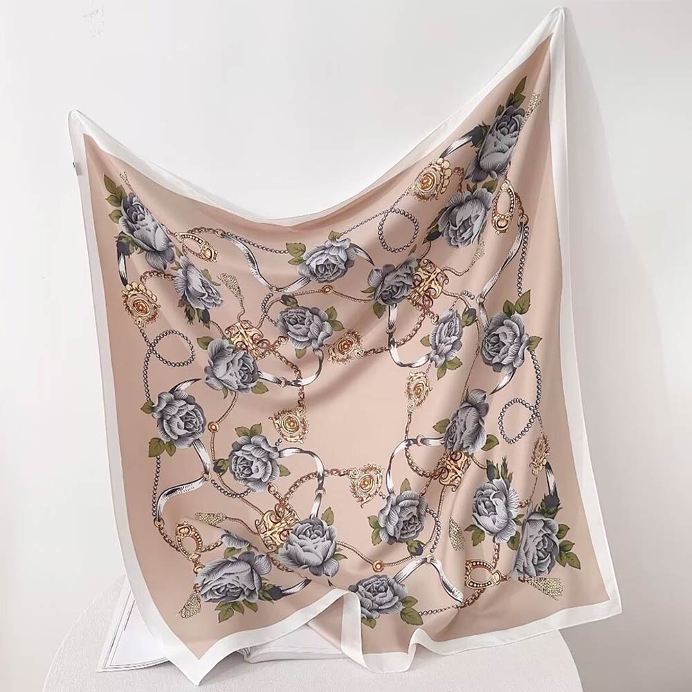 Madeline Love Beige, Gray Silk Feel Baroque Rose Chain Print Square Scarf - Scarves & Wraps