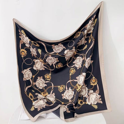 Madeline Love Beige, Black Silk Feel Baroque Rose Chain Print Square Scarf - Scarves & Wraps