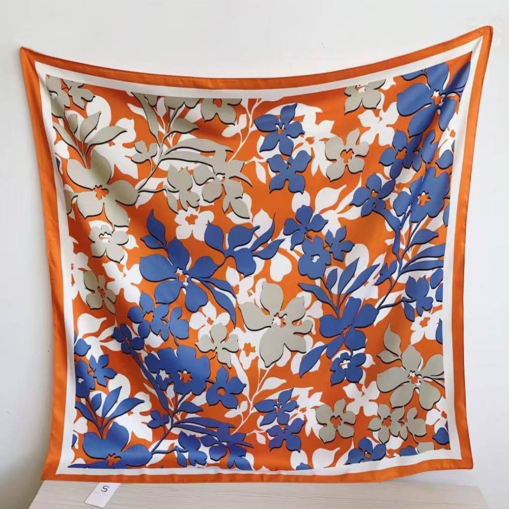 Madeline Love Blue, Orange Silk Feel Floral Pattern Print Square Scarf - Scarves & Wraps