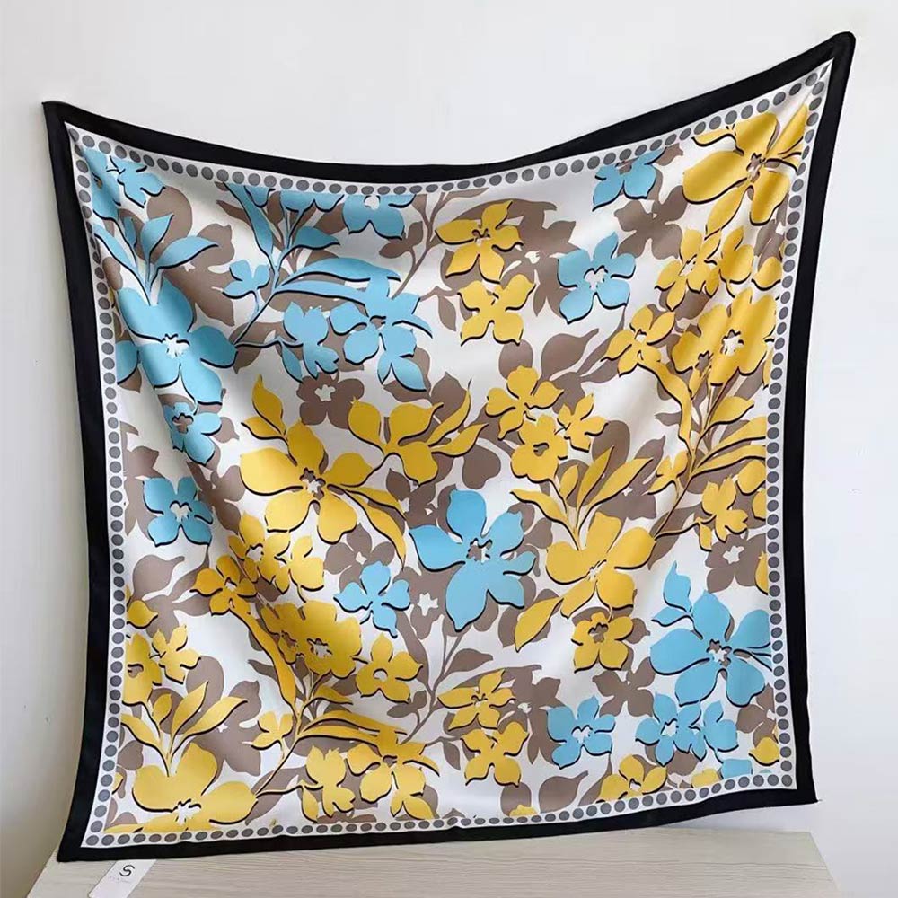 Madeline Love Turquoise, Yellow Silk Feel Floral Pattern Print Square Scarf - Scarves & Wraps
