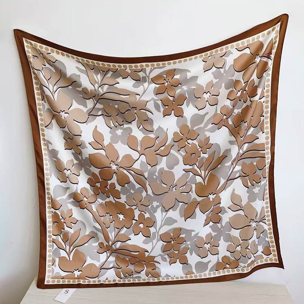 Madeline Love Brown, Gray Silk Feel Floral Pattern Print Square Scarf - Scarves & Wraps