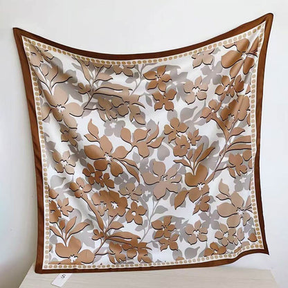 Madeline Love Brown, Gray Silk Feel Floral Pattern Print Square Scarf - Scarves & Wraps