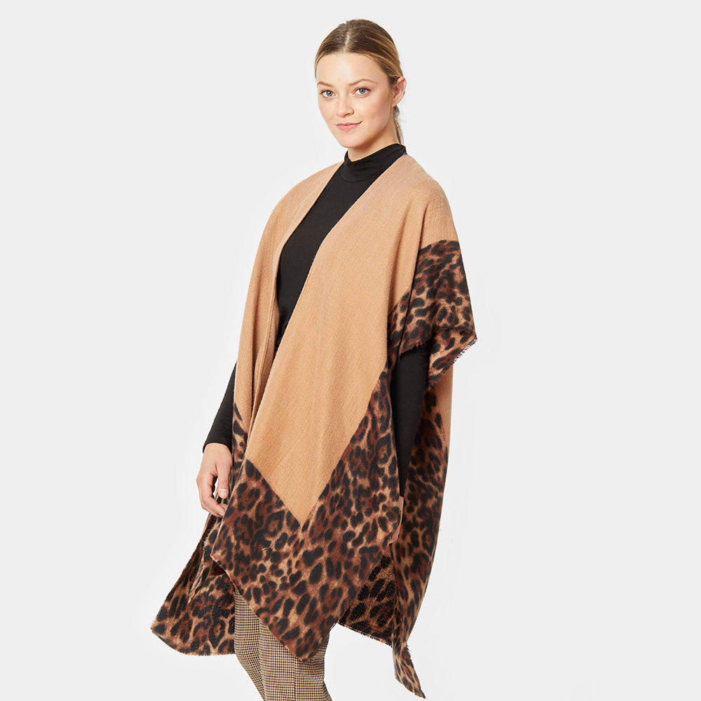 Camel Leopard Border Cozy Kimono Poncho