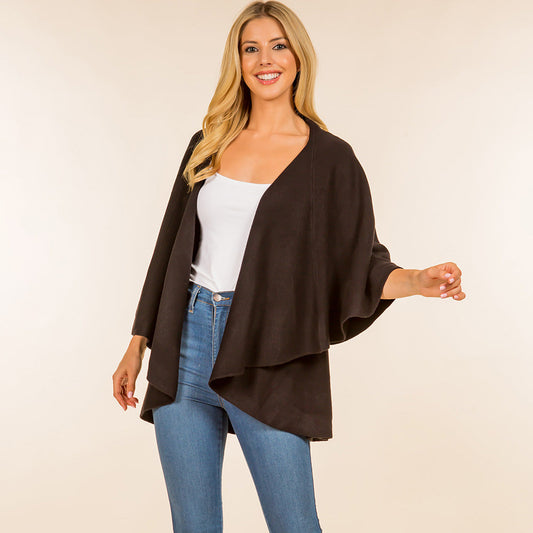 Black Open Front Solid Wrap Poncho