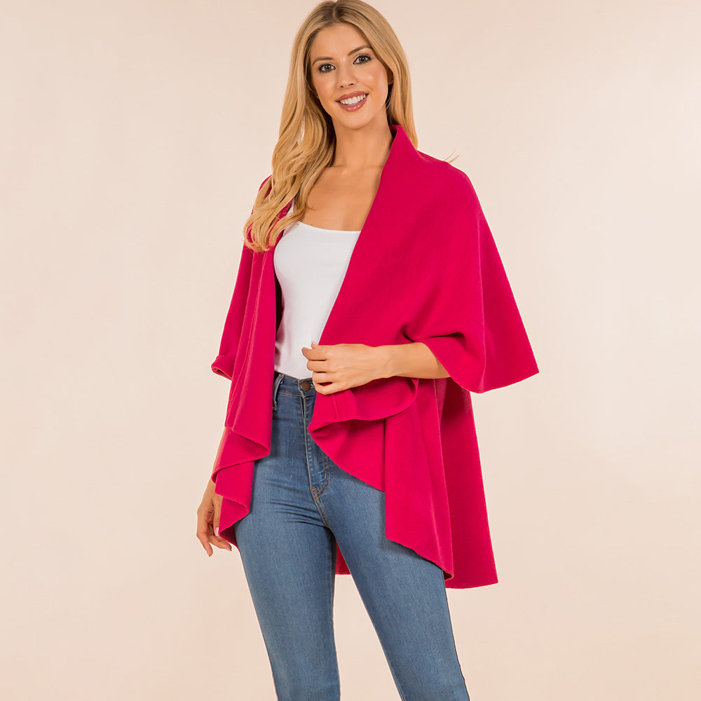Neon, Pink Open Front Solid Wrap Poncho