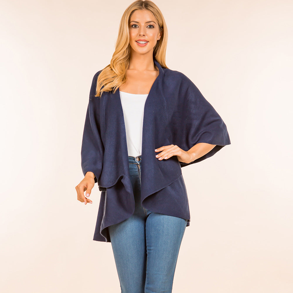 Navy Open Front Solid Wrap Poncho