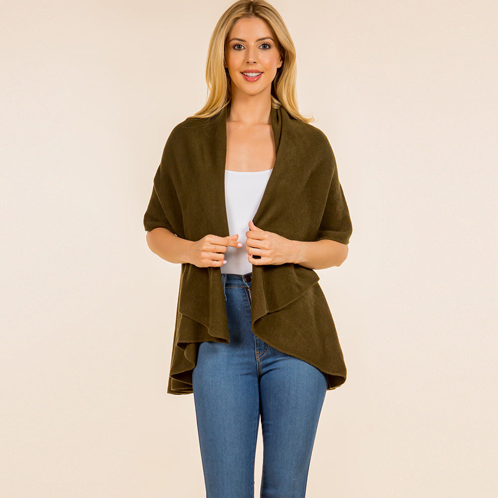 Olive Green Open Front Solid Wrap Poncho
