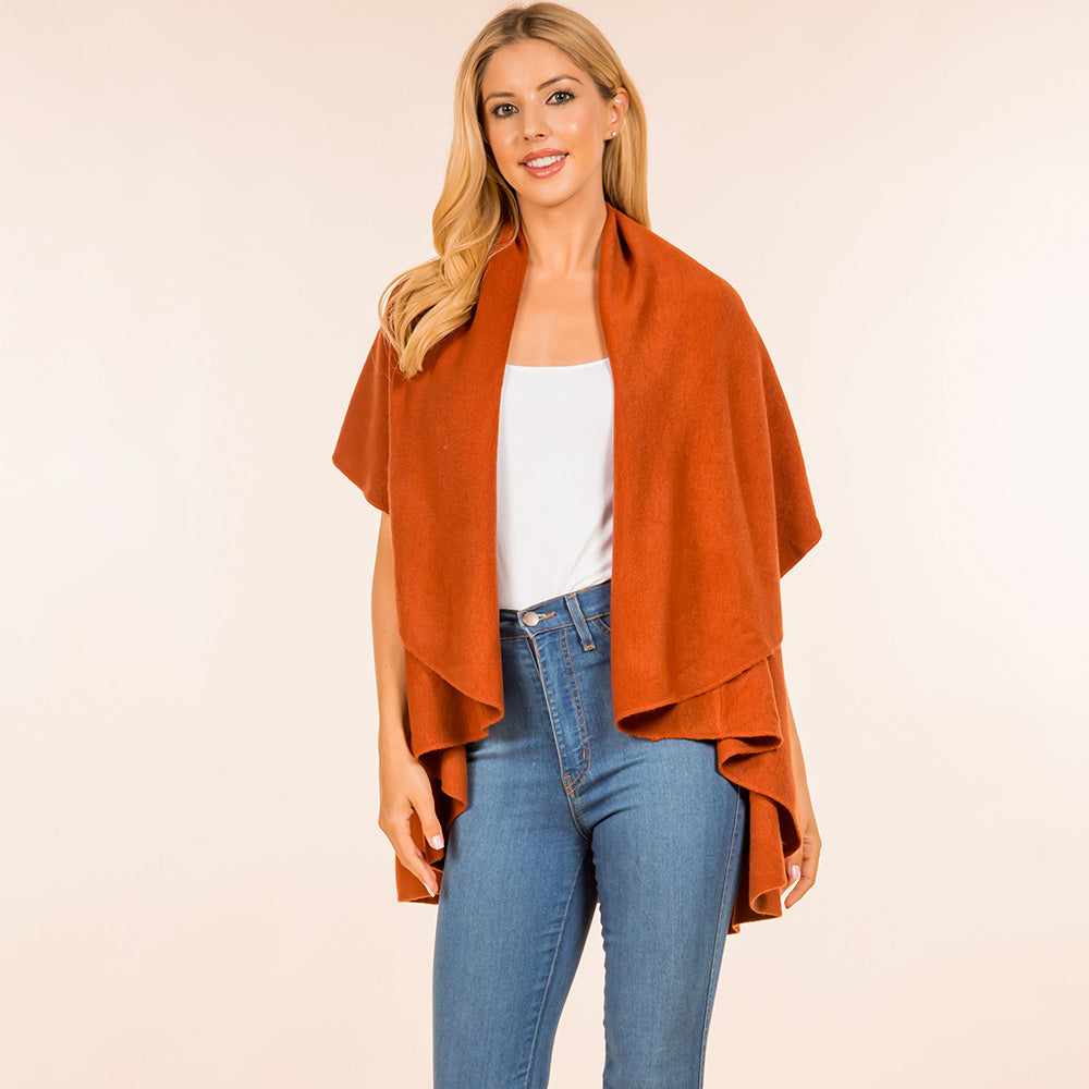 Orange Open Front Solid Wrap Poncho