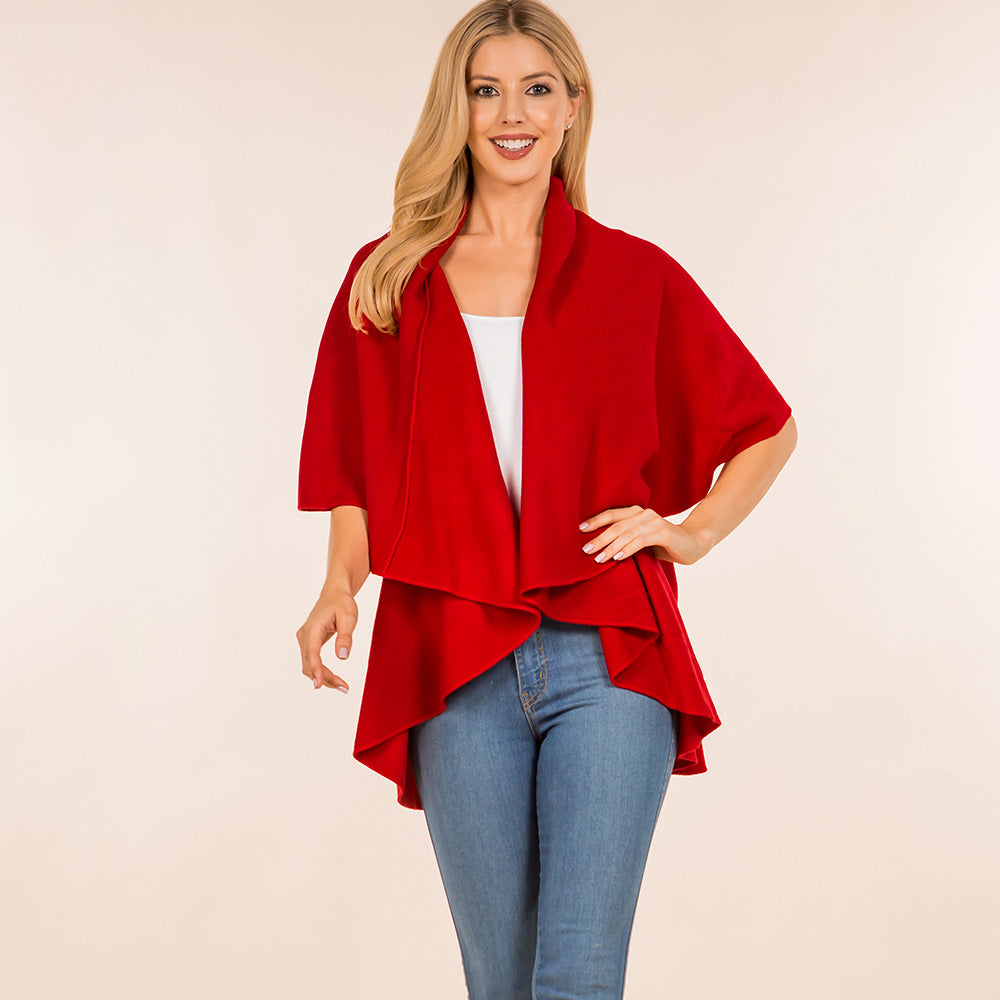 Red Open Front Solid Wrap Poncho