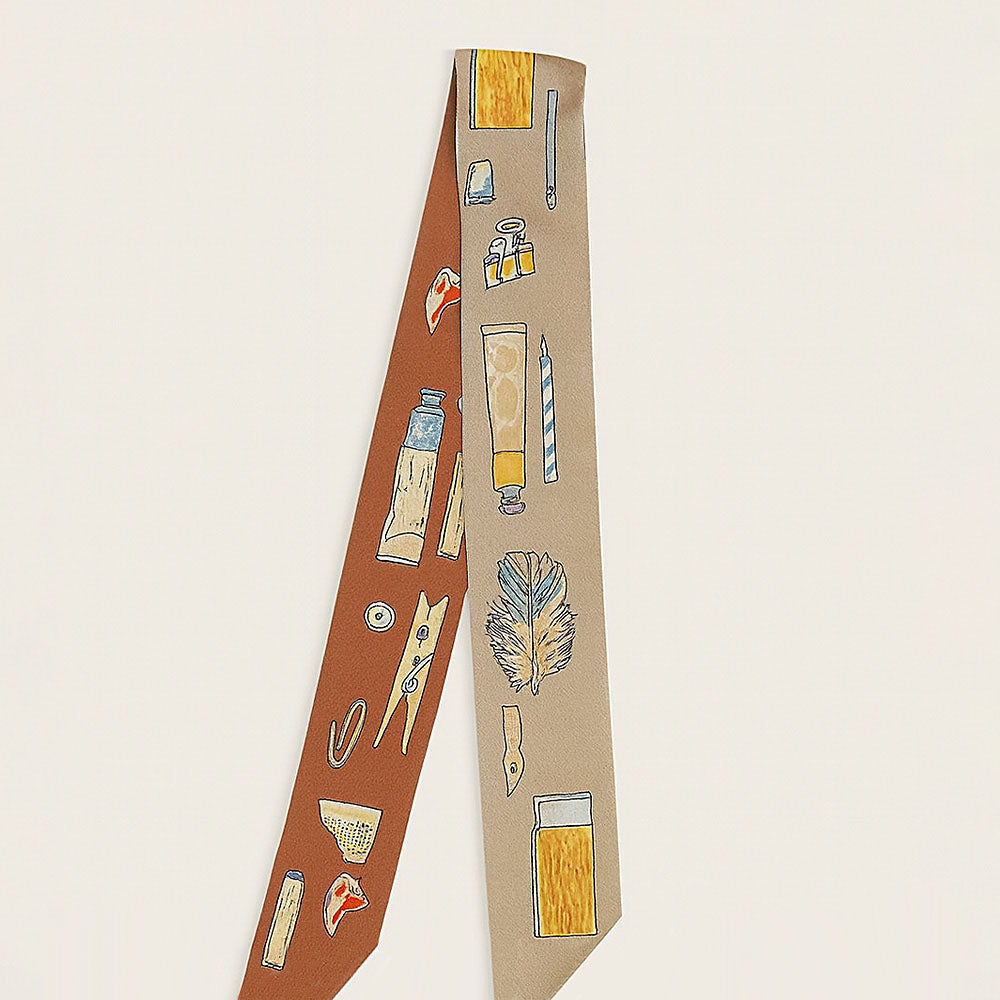 Madeline Love Brown Art Inspired Pattern Printed Twilly Skinny Scarf - Jewelry