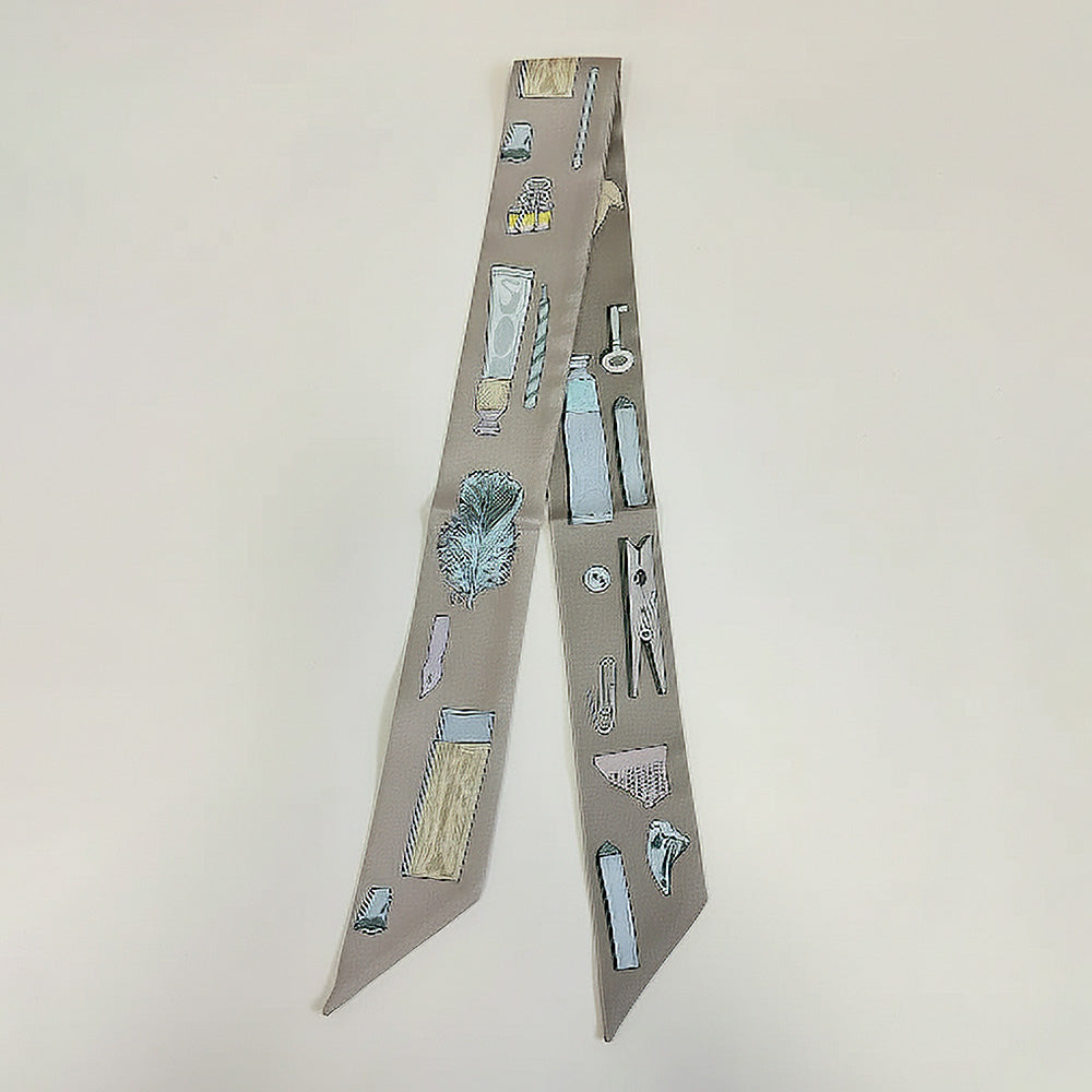 Madeline Love Khaki Art Inspired Pattern Printed Twilly Skinny Scarf - Jewelry
