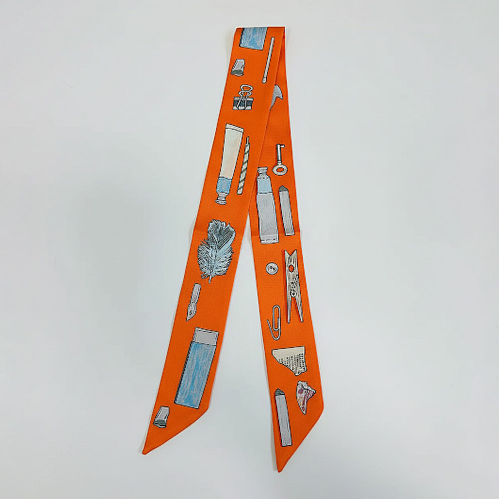 Madeline Love Orange Art Inspired Pattern Printed Twilly Skinny Scarf - Jewelry