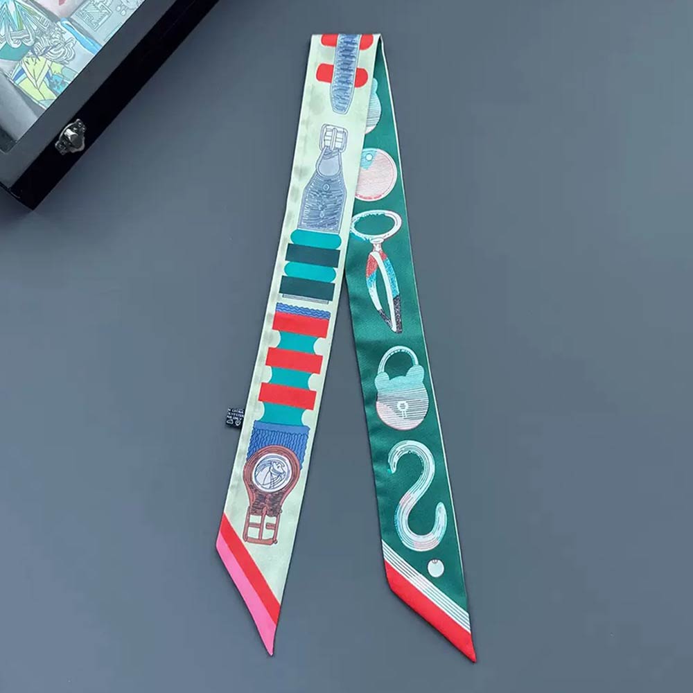 Madeline Love Green Accessory Print Silky Twilly Skinny Scarf - Scarves & Wraps