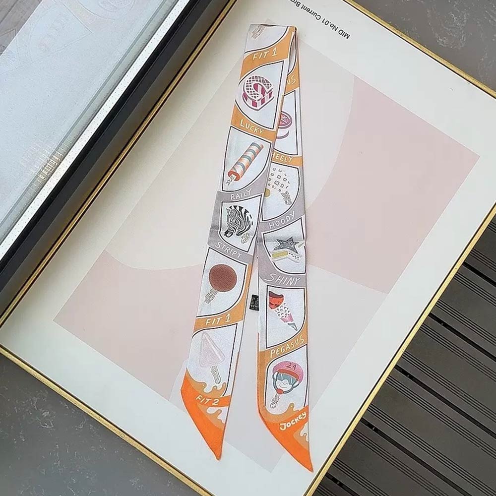 Madeline Love Beige Graphic Icon Print Silky Twilly Skinny Scarf - Scarves & Wraps