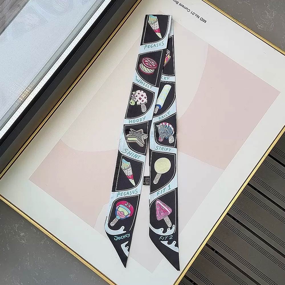 Madeline Love Black Graphic Icon Print Silky Twilly Skinny Scarf - Scarves & Wraps