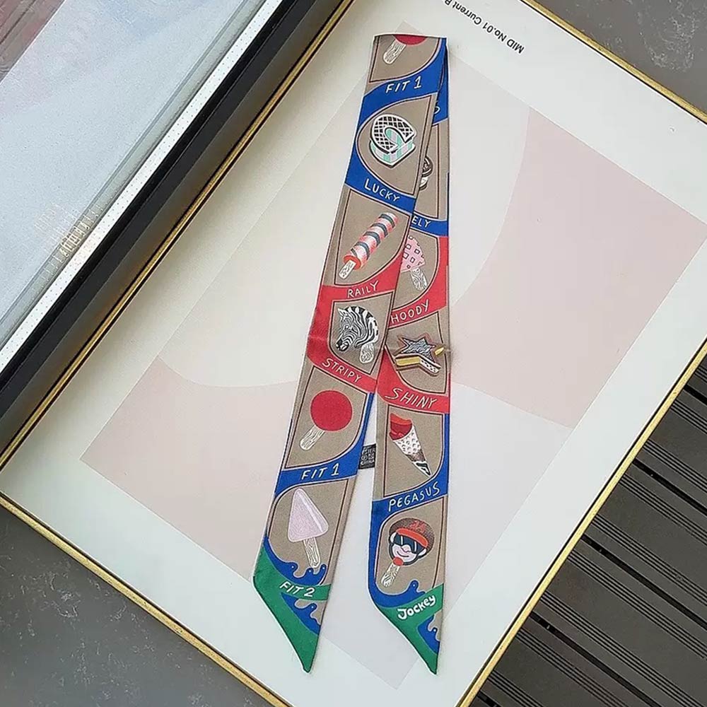Madeline Love Brown Graphic Icon Print Silky Twilly Skinny Scarf - Scarves & Wraps
