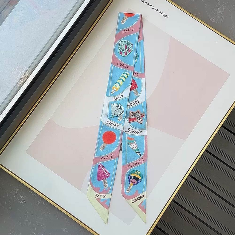 Madeline Love Light Blue Graphic Icon Print Silky Twilly Skinny Scarf - Scarves & Wraps