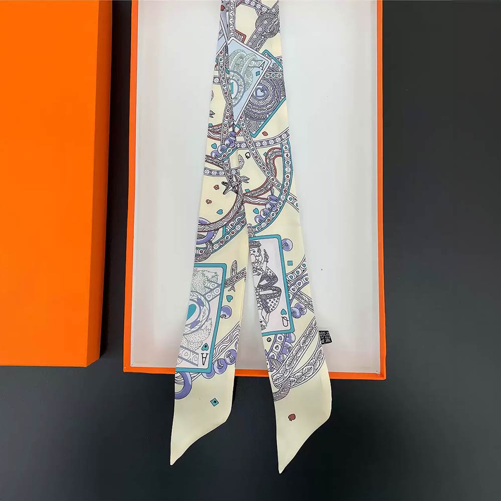 Madeline Love Beige Abstract Playing Card Print Silky Twilly Skinny Scarf - Scarves & Wraps