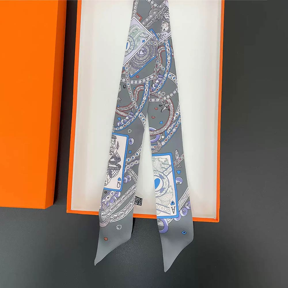 Madeline Love Gray Abstract Playing Card Print Silky Twilly Skinny Scarf - Scarves & Wraps