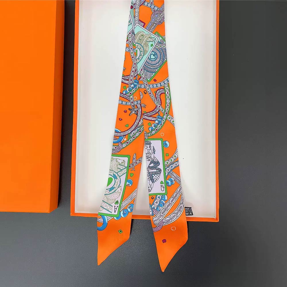 Madeline Love Orange Abstract Playing Card Print Silky Twilly Skinny Scarf - Scarves & Wraps