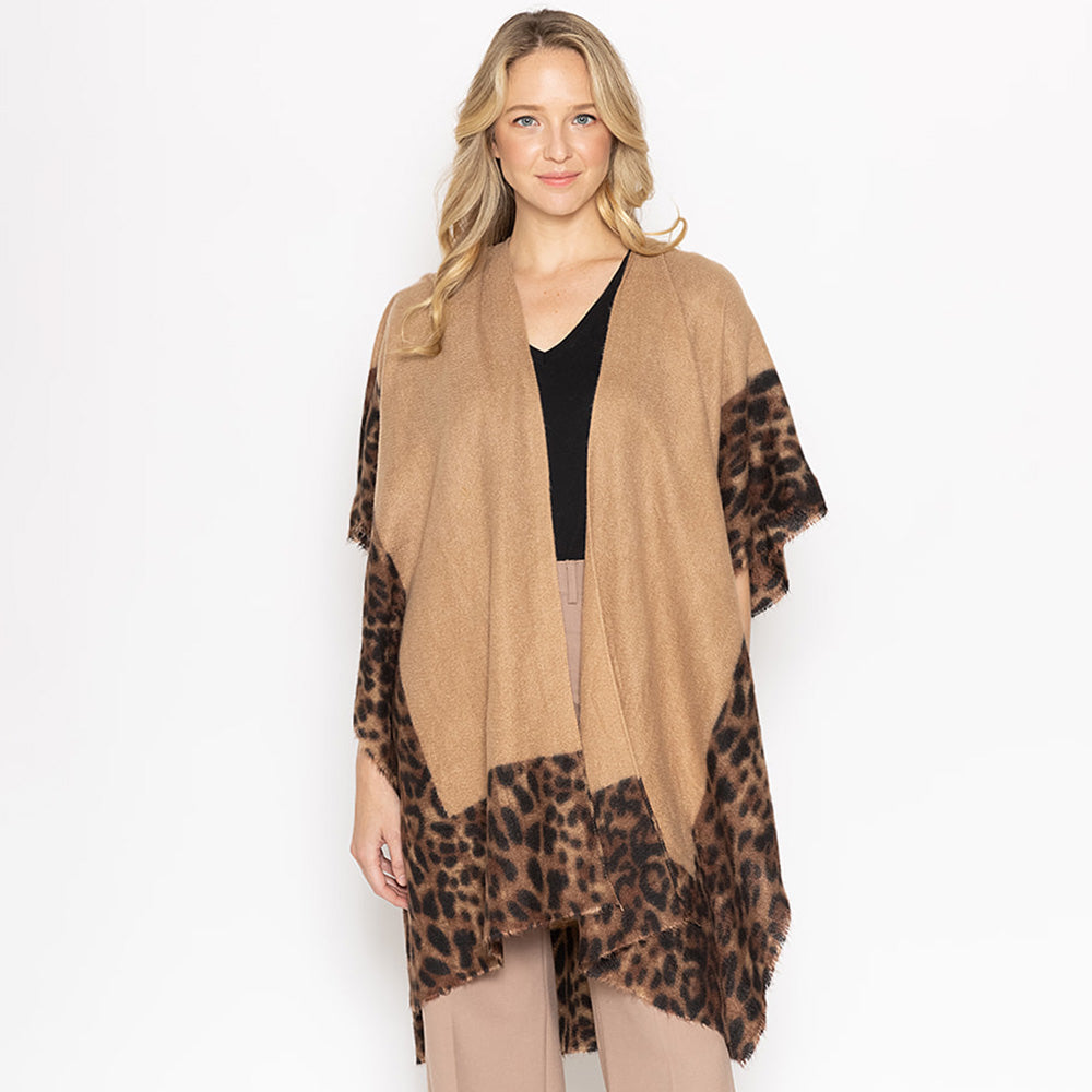 Camel Leopard Print Kimono Poncho
