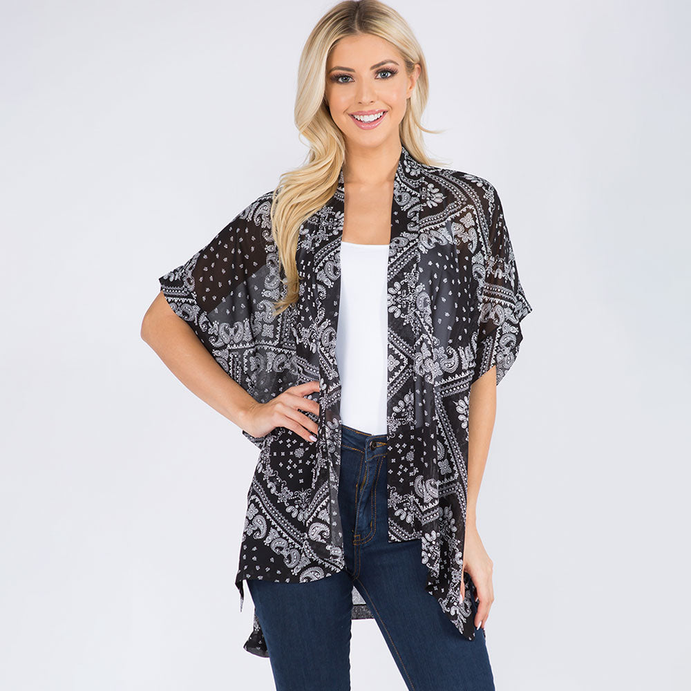 Madeline Love Black Lightweight Boho Paisley Pattern Open Front Kimono Poncho - Jewelry